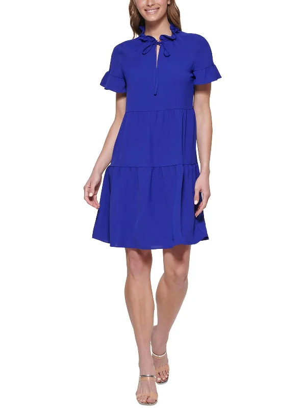 Womens Tiered Tie-Neck Fit & Flare Dress