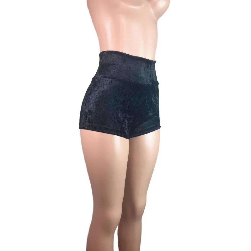 High Waisted Booty Shorts - Black Crushed Velvet