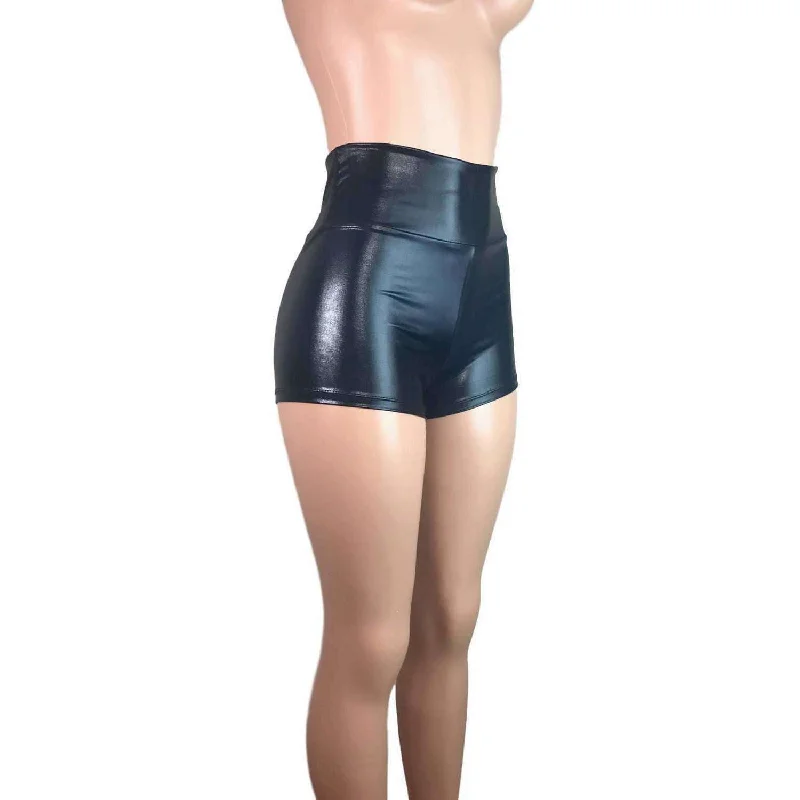 High Waisted Booty Shorts - Black Metallic "Wet Look"