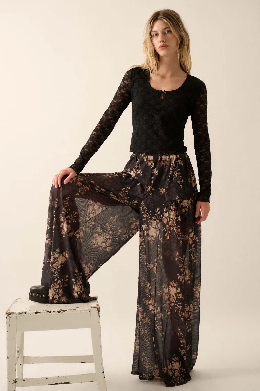 Blooming Whisper Floral Mesh Wide-Leg Pants