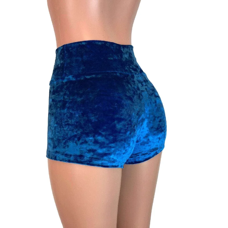 High Waisted Booty Shorts - Blue Crushed Velvet