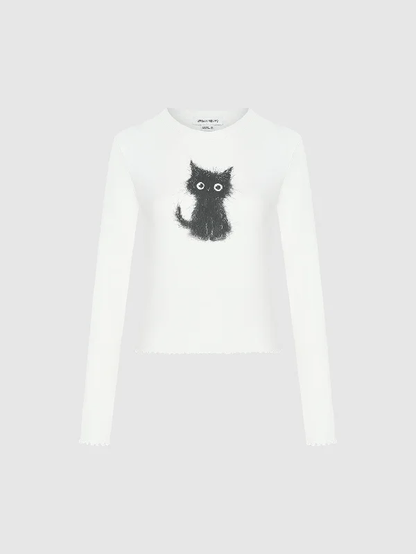 Cat Printed Crew Neck Skinny T-Shirt