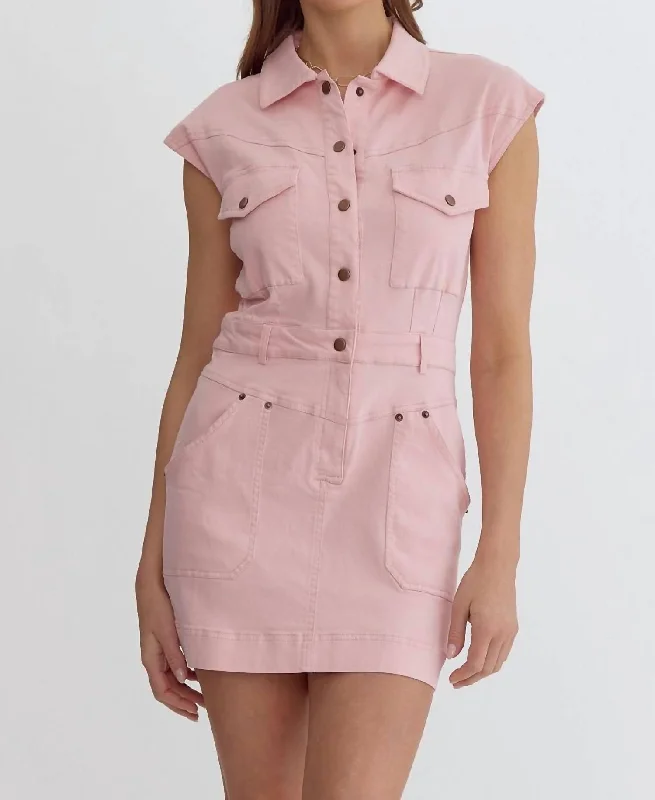 Denim Button Front Dress In Light Pink