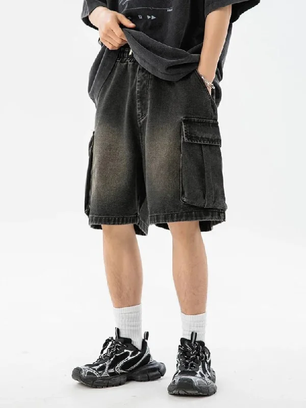 Denim Drawstring Wide Leg Cargo Shorts