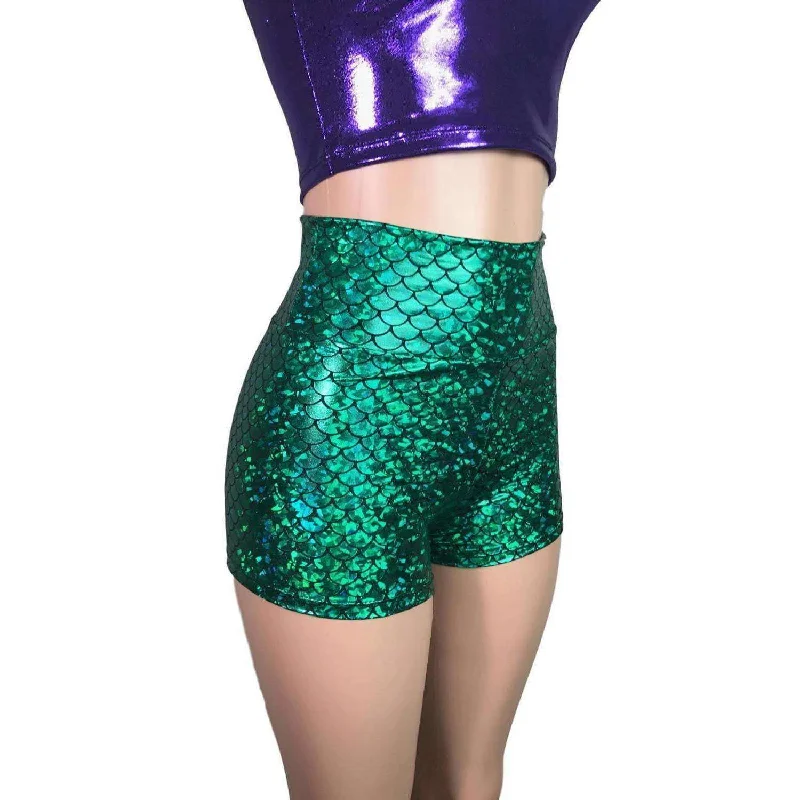 High Waisted Booty Shorts - Green Mermaid Scales