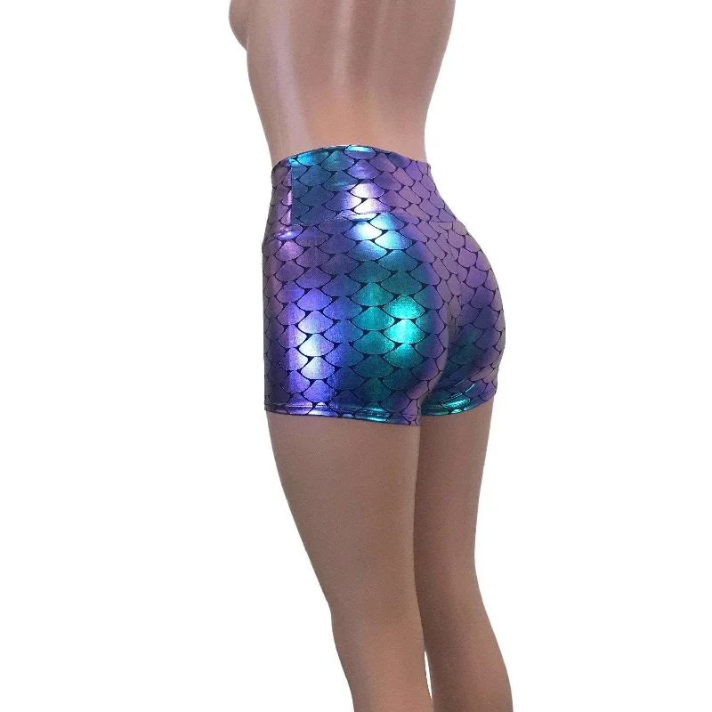 High Waisted Booty Shorts - Holographic Mermaid Scales