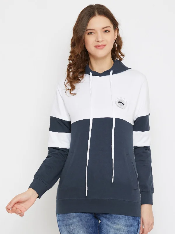 JUMP USA Women Navy Blue Cotton Hooded Sweatshirt