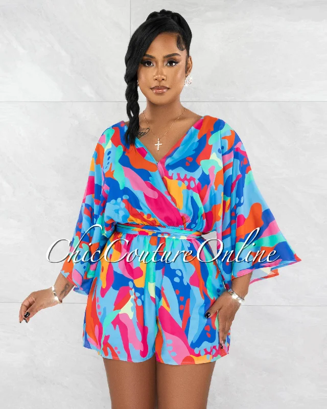 Keisha Blue Multi-Color Print Wide Sleeves Romper