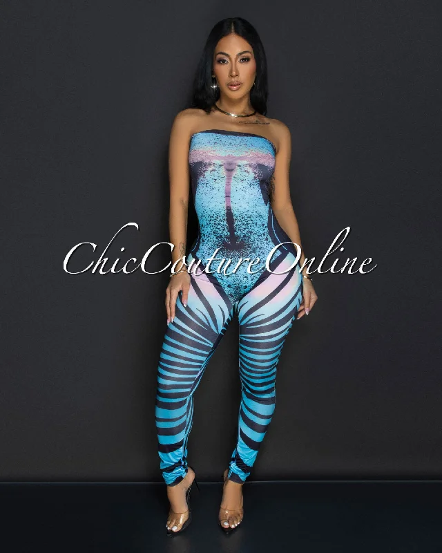 Kyana Blue Black Strapless Bodycon Jumpsuit