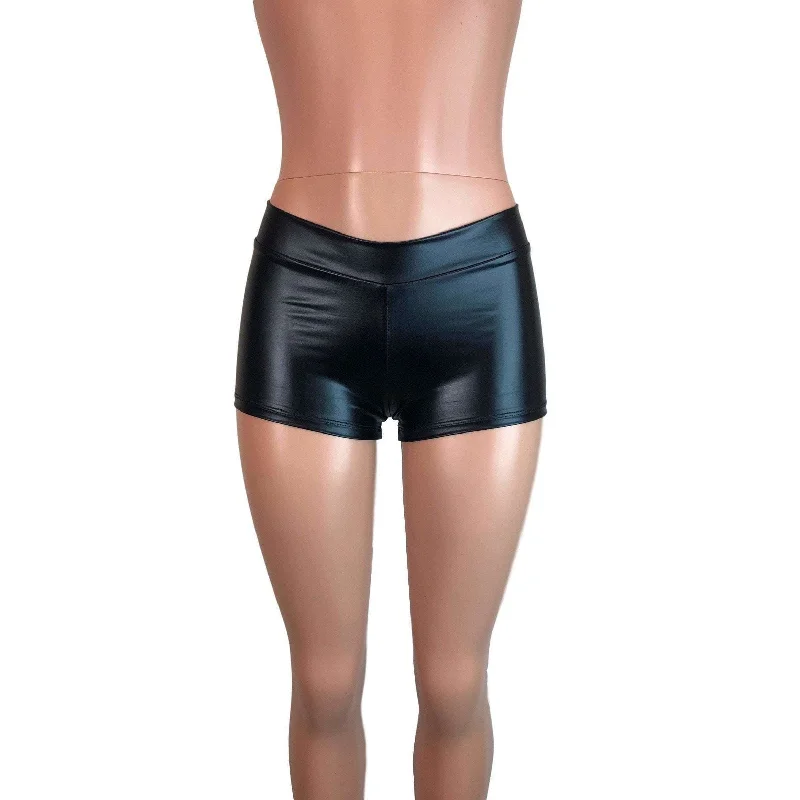 Low Rise Booty Shorts - Black Metallic "Wet Look"