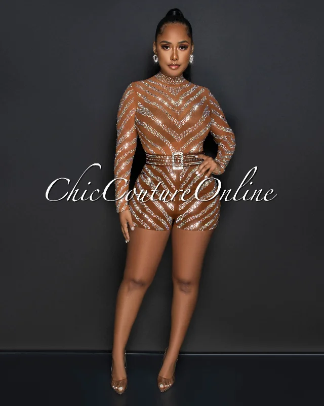 Megha Cognac Iridescent Rhinestones Square Buckle Belt Romper