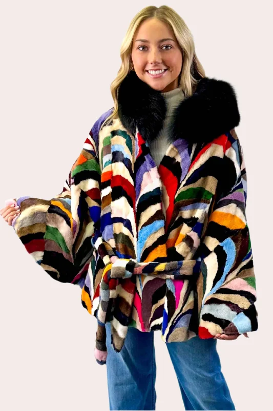 Multicolor Sheared Mink Fur Cape with Fox Fur Collar and Detachable Belt