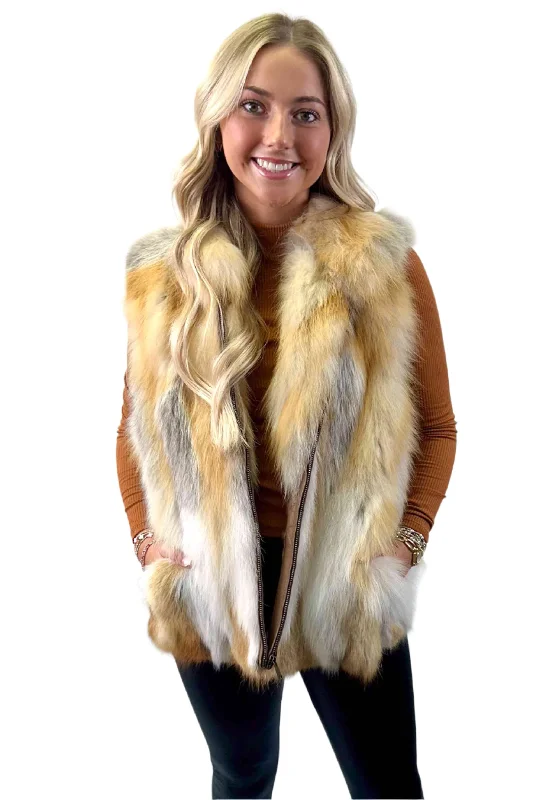 Natural Red Sectioned Fox Fur Vest with Zip Front