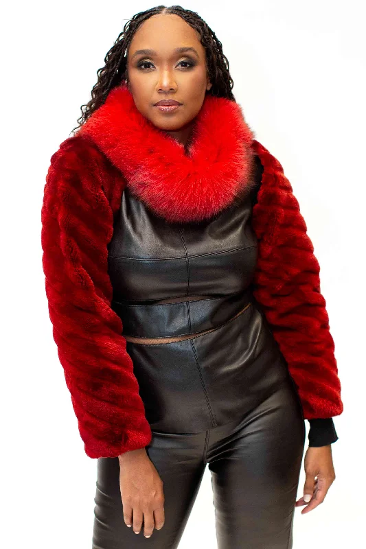 One of a Kind Red Just the Sleeves Sheared Beaver Bolero with Fox Fur Collar