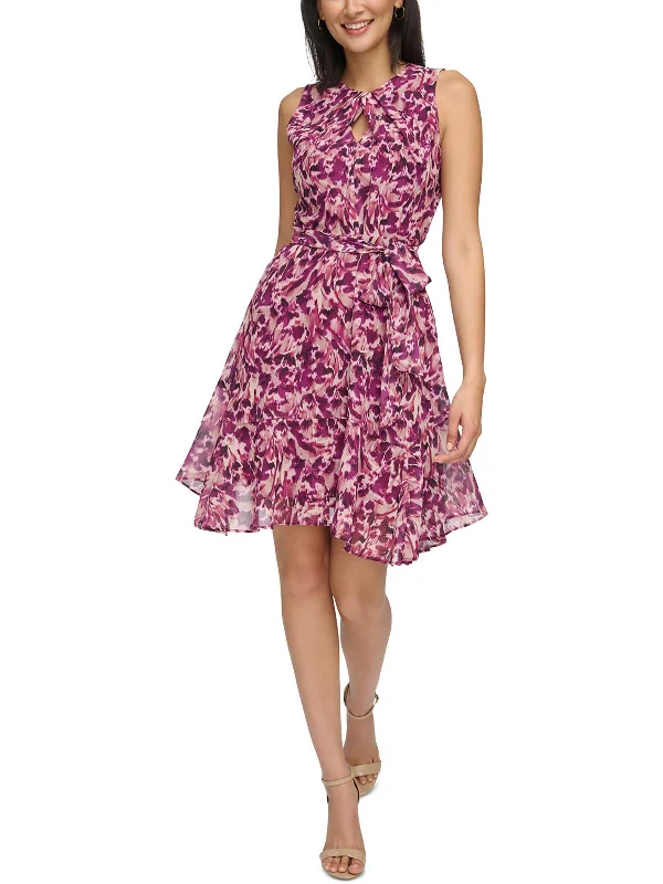 Petites Womens Printed Chiffon Fit & Flare Dress