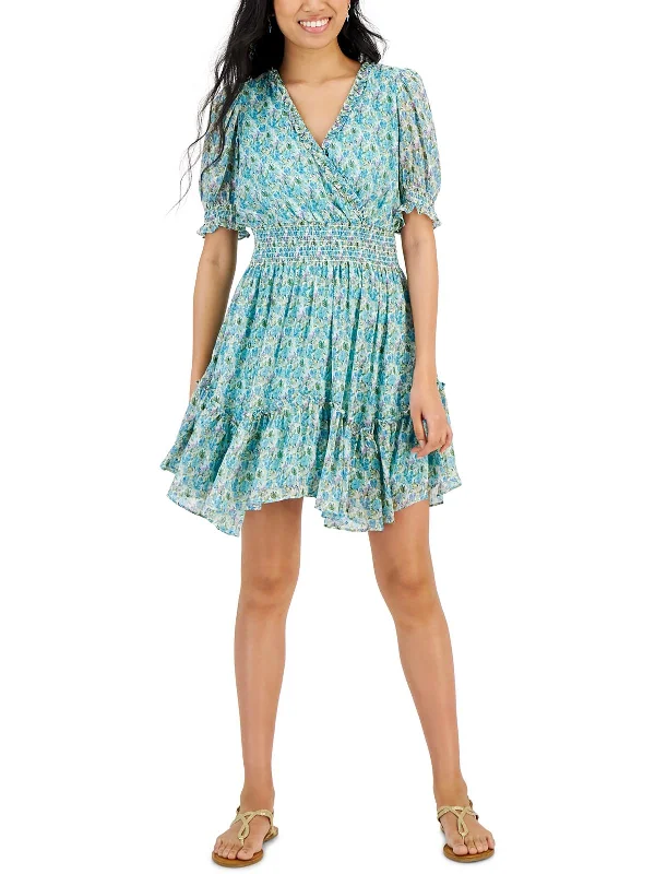 Petites Womens Printed Mini Fit & Flare Dress