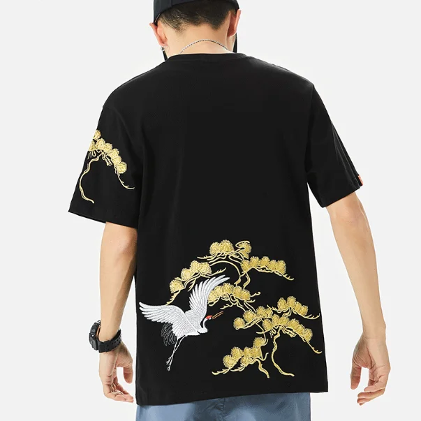 Pine & Crane Embroidery 100% Cotton Short Sleeve Unisex T-shirt