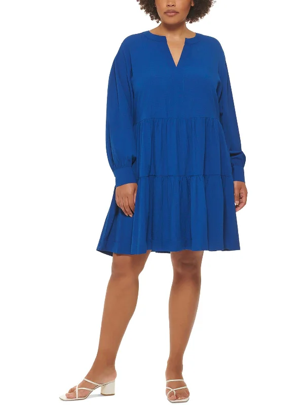 Plus Womens Tiered Rayon Fit & Flare Dress