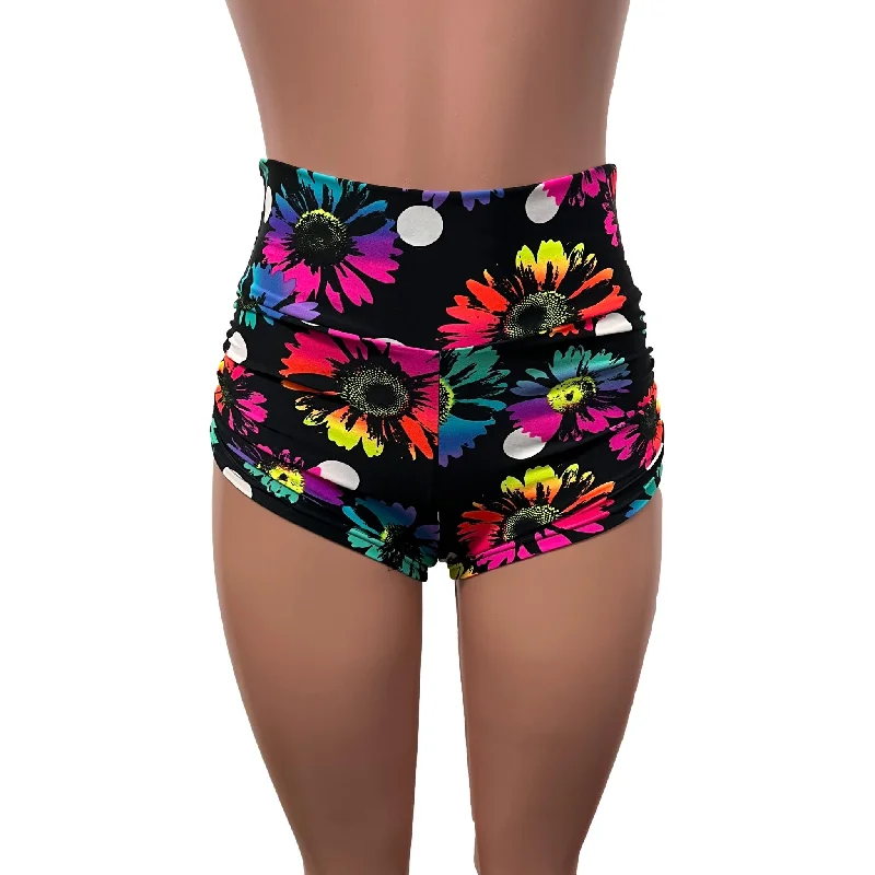 Polka Dot Electric Daisy Neon Floral Ruched Booty Shorts