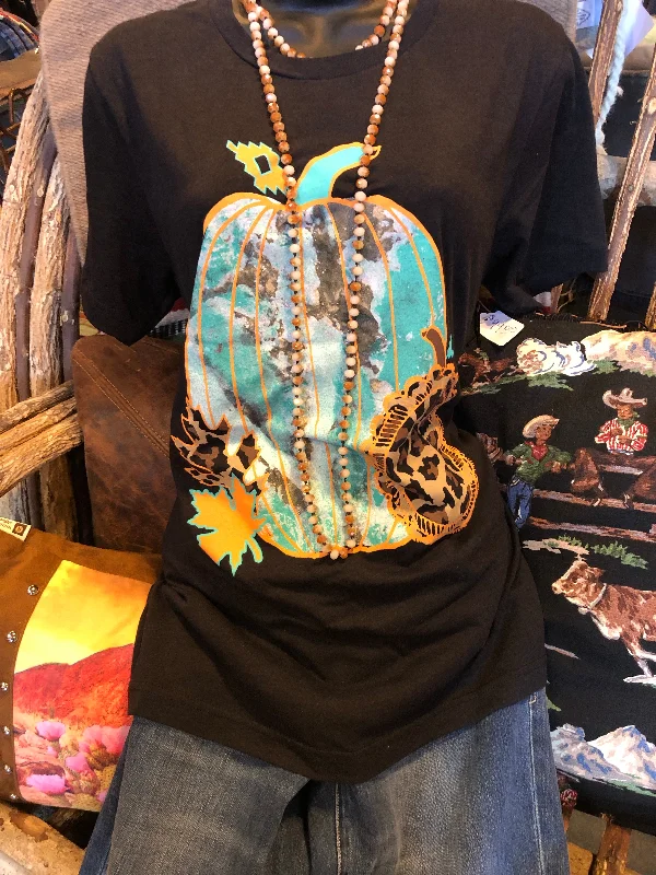 women's t-shirts casual wear -Pumpkin T-Shirt with Turquoise and Cheetah print