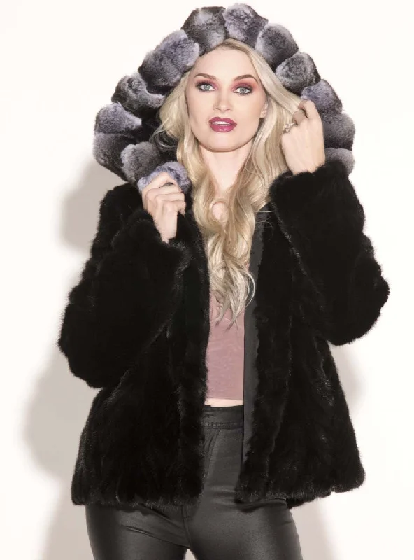 Ranch Sectioned Mink Fur Jacket with Chinchilla Fur Trim Hood