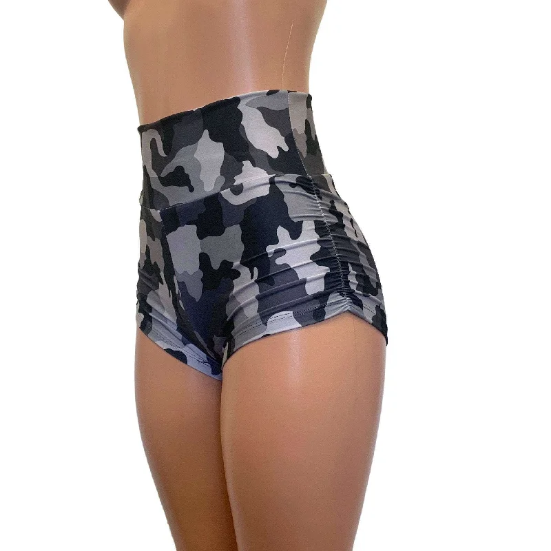 Ruched Booty Shorts - Black & Gray Camo