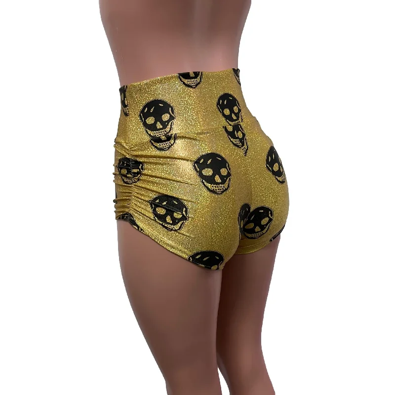 SALE - High Waisted Ruched Booty Shorts - Skulls