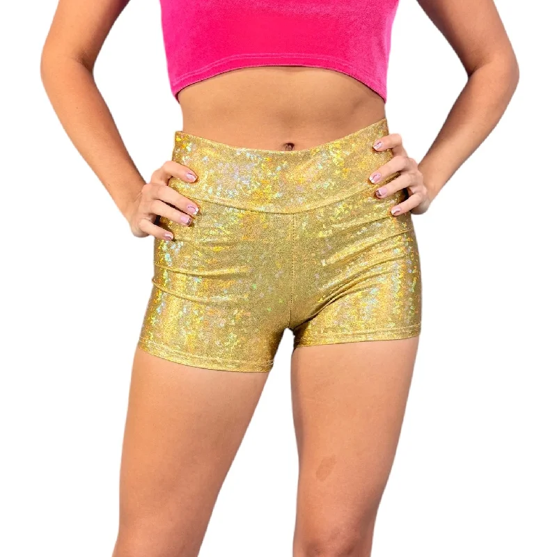 SALE - MID Rise Booty Shorts - Gold Holographic Shattered Glass