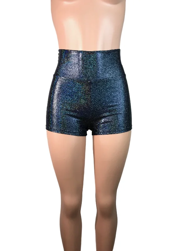 SALE - XS- High Waist Booty Shorts - Black Holographic