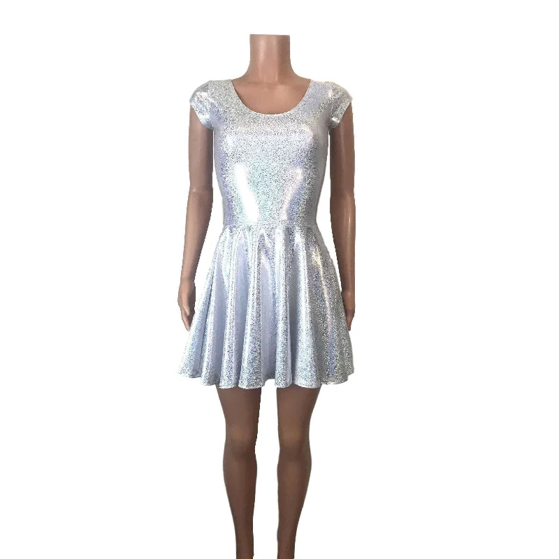 Silver Holographic Cap Sleeve Skater fit n flare Dress