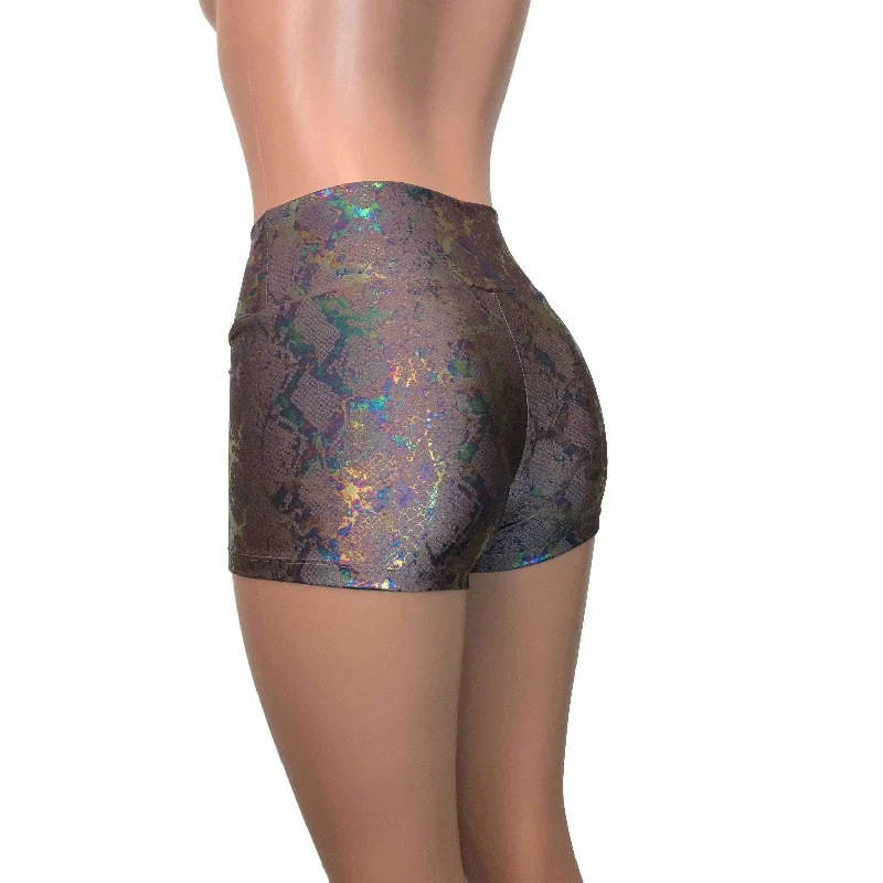 SALE - XS - High Waisted Booty Shorts - Mauve Snakeskin Holographic