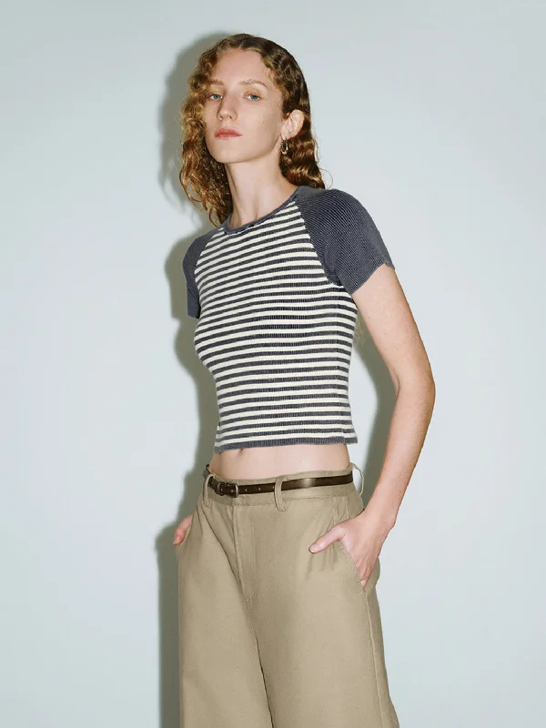 women's t-shirts green -Striped Skinny Knitted T-Shirts