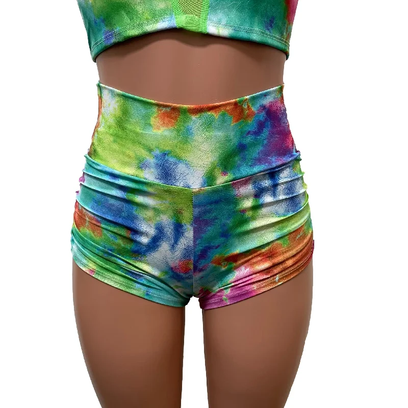 Watercolor Rainbow Ruched Booty Shorts