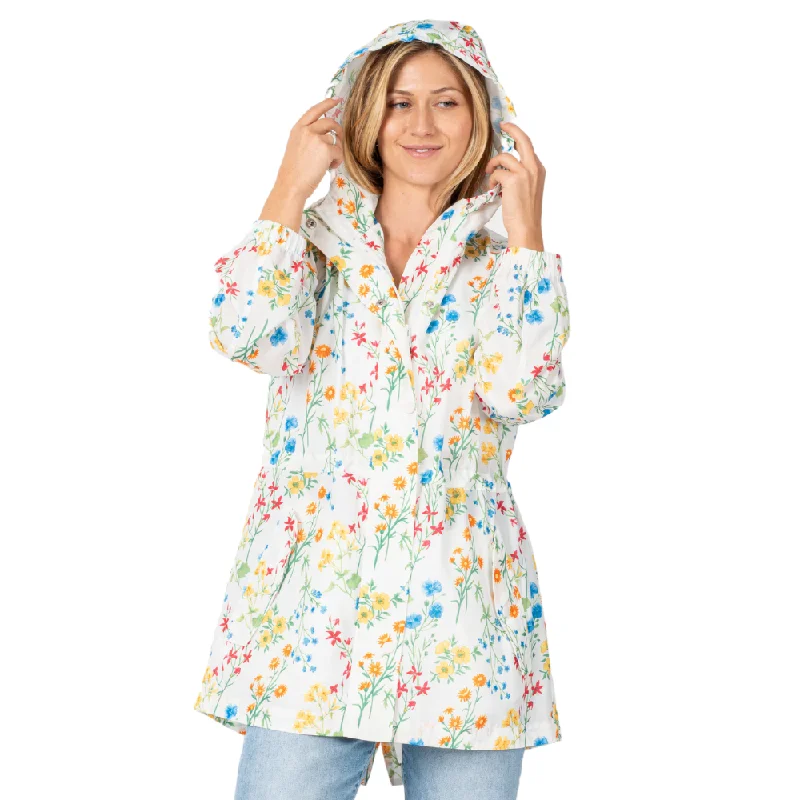 corporate women's raincoat -White Floral Hooded Drawstring Raincoat