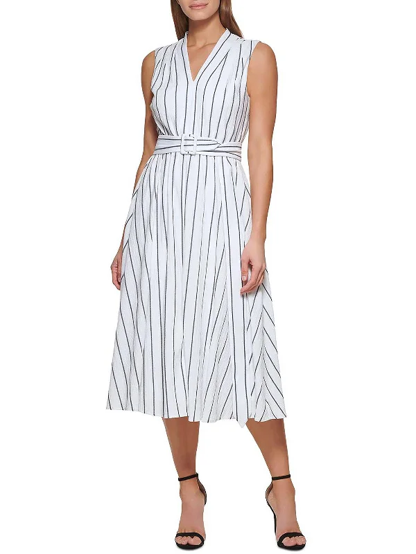 Womens Belted Midi Fit & Flare Dress