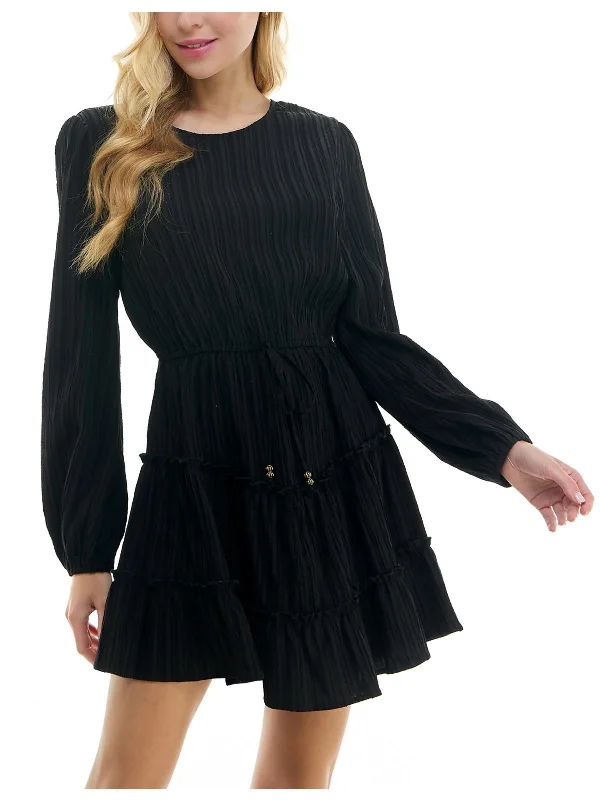 Womens Pleated Crinkled Fit & Flare Dress