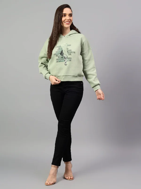 Women's Sea Green Printed Hoody Neck Crop Sweatshirt