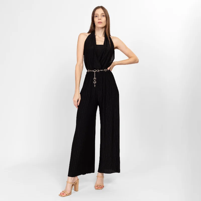 XS Y2K Black Metallic Accordion Pleat Halter Jumpsuit