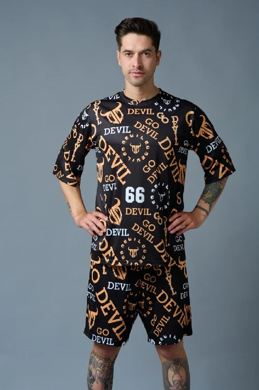 Go Devil 66 (in Musturd) All over Printed Black Polyester Co-ord Set for Men