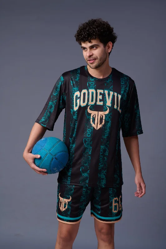 Go Devil Printed all over Black and Green Co-ord Set for Men