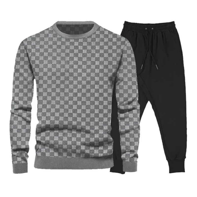 Men's Casual Round Neck Checkerboard Loose Sweatshirt Solid Color Sweatpants Set 82911652M