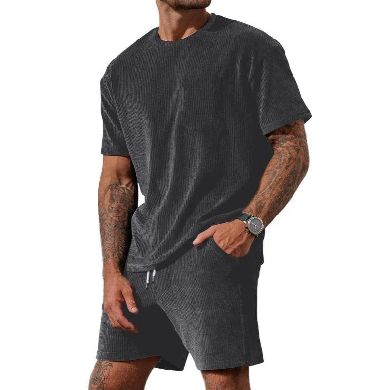 Men's Casual Round Neck Short-sleeved T-shirt Elastic Waist Sports Shorts Set 65845038M