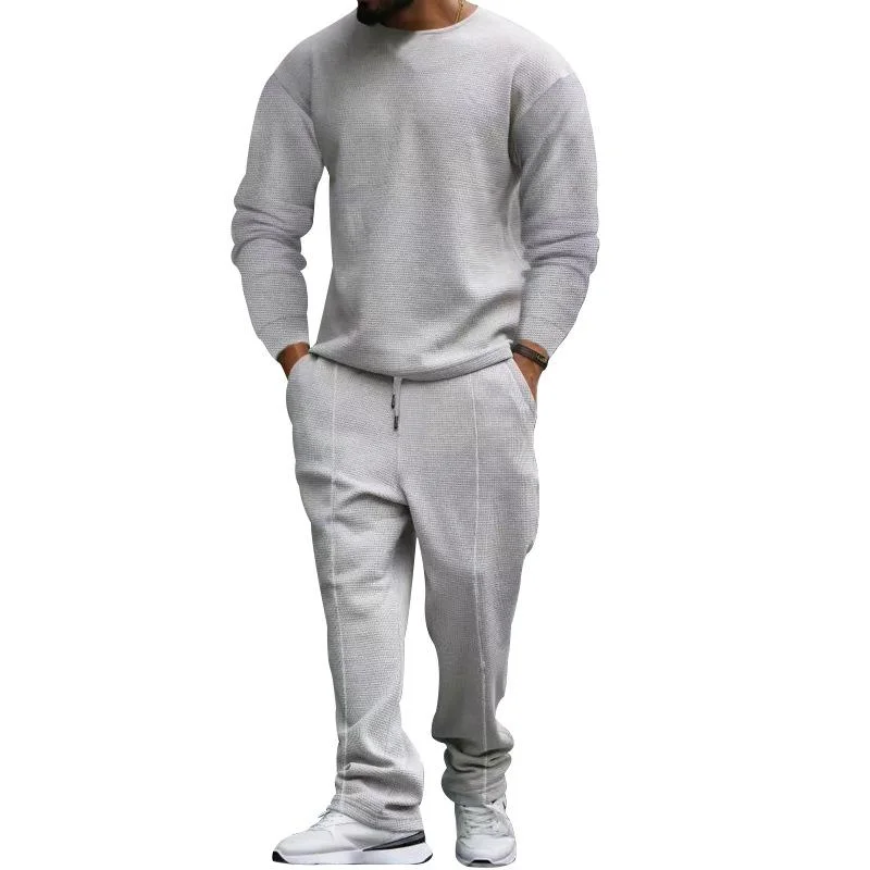 Men's Casual Solid Color Round Neck Long Sleeve T-Shirt Trousers Set 60334127Y