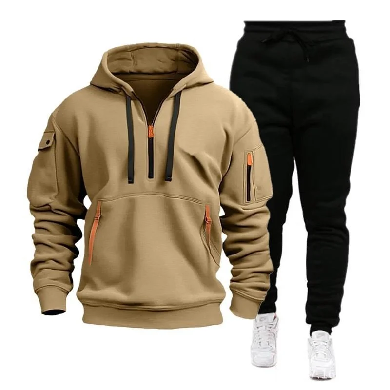 Men's Casual Zipper Collar Loose Long-sleeved Sports Hoodie Sweatpants Set 94245181M