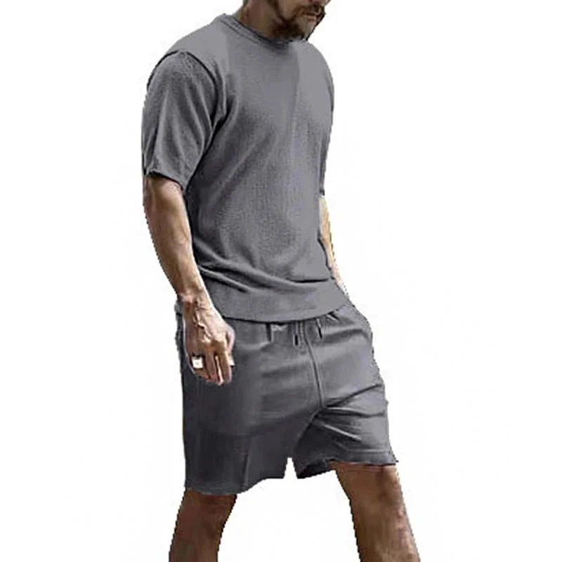 Men's Comfortable Solid Color Short Sleeve T-Shirt Shorts Set 13785054Y