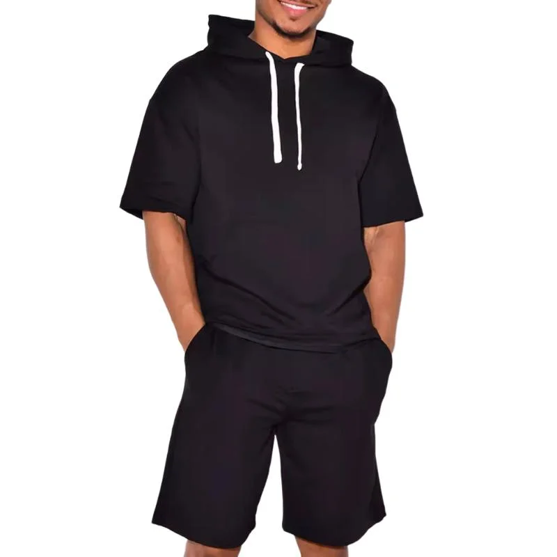 Men's Solid Color Short-Sleeved Hooded Sweatshirt Shorts Sports Set 18856174Y