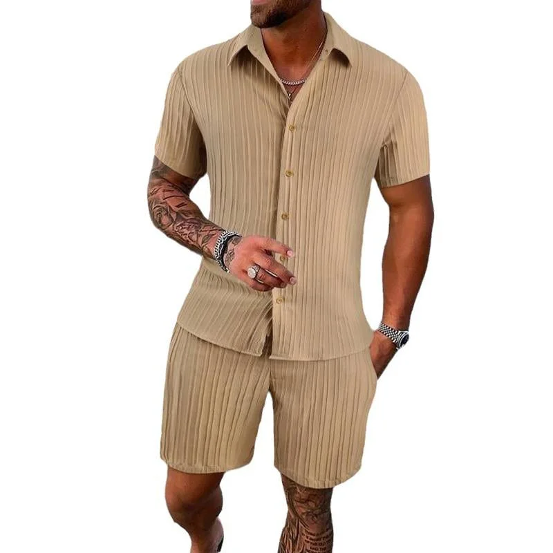 Men's Solid Color Striped Lapel Short Sleeve Shorts Casual Set  63428764X