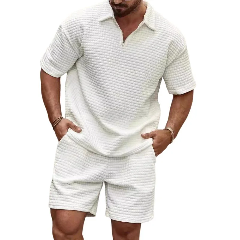 Men's Solid Waffle Lapel Short Sleeve Polo Shirt Shorts Loose Set 76307657Z