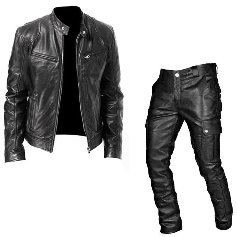 Men's Vintage Rugged Style Leather Jacket Leather Pants Set 76374728Y