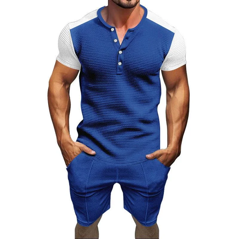 Men's Waffle Colorblock Henley Collar Short Sleeve T-Shirt and Shorts Set 66840871Y